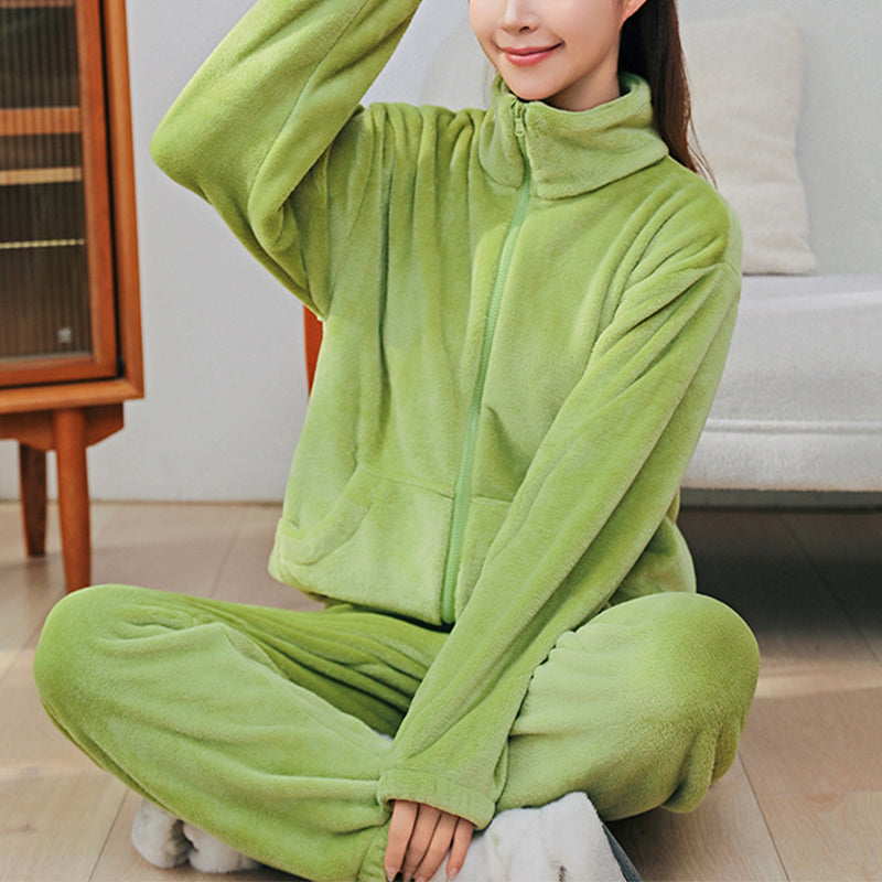 Winter Pajamas Sets Homewear With Pockets Design Thickened Coral Velvet Stand Collar Warm Pajamas Indoor Outdoor Casual Clothes