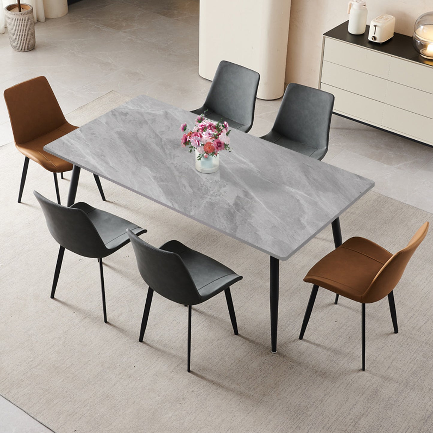 Dining Table Sintered Stone Table Marble Table Porcelain Dining Table for Kitchen, Living Room, 63 inch White Table Only