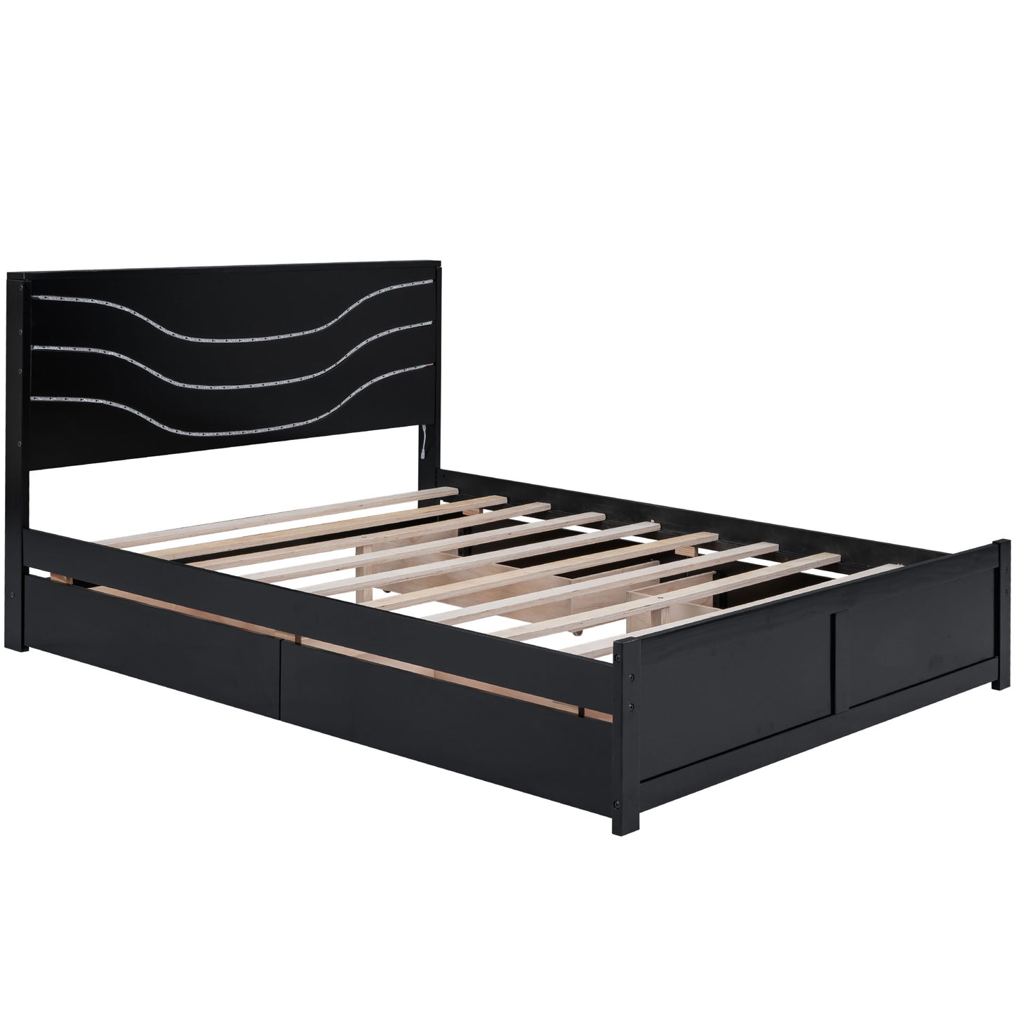 Queen Size Wood Storage Platform Bed with LED and 4 Drawers, White