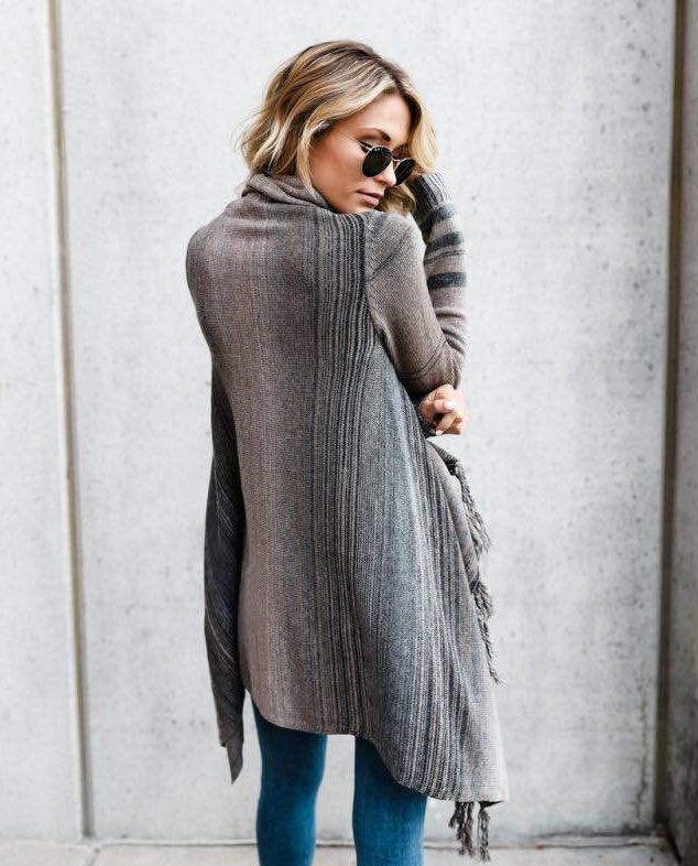 Autumn And Winter Medium Length Slim Fringe Striped Sweater Coat