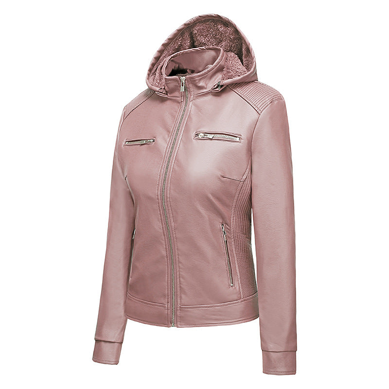 Women's warm casual hooded leather jacket