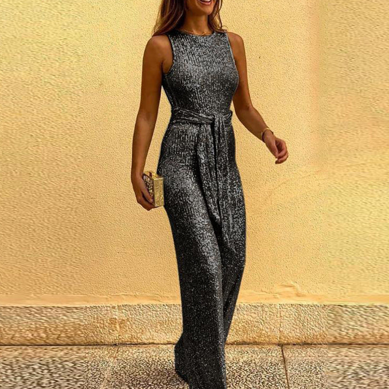 Sleeveless sexy sequined silver dot jumpsuit