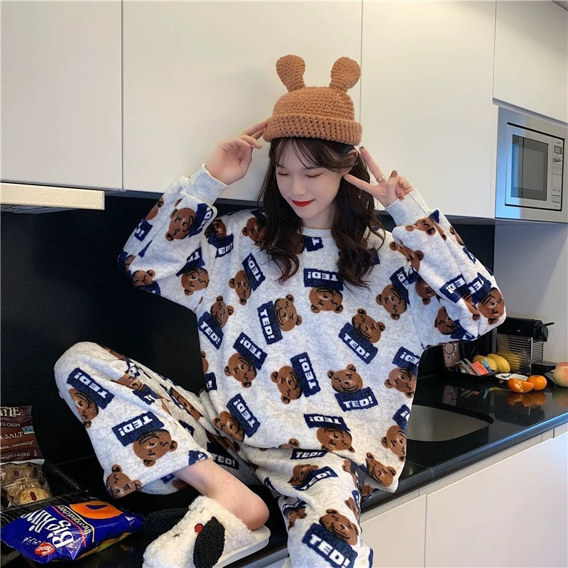 Cartoon Print Pajamas Sets Winter Warm Long Sleeve Sleepwear Home Nightclothes Women