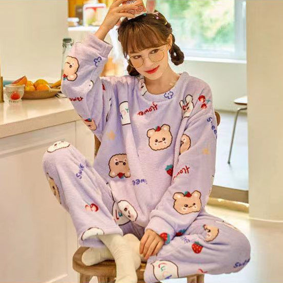Cartoon Print Pajamas Sets Winter Warm Long Sleeve Sleepwear Home Nightclothes Women