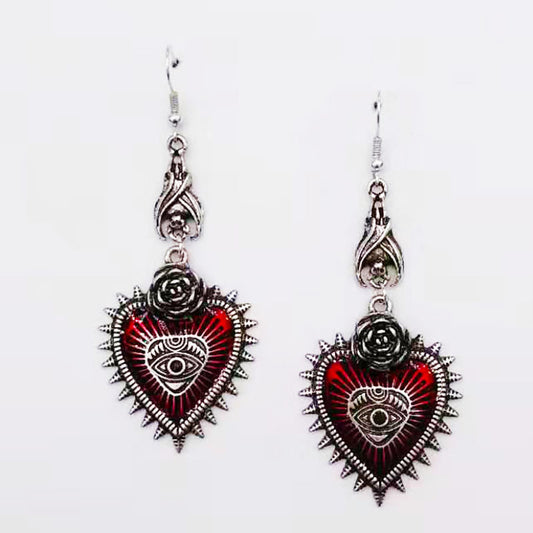 Vintage Lolita Gothic Evil Eye Red Heart Earrings for Women Halloween Cosplay