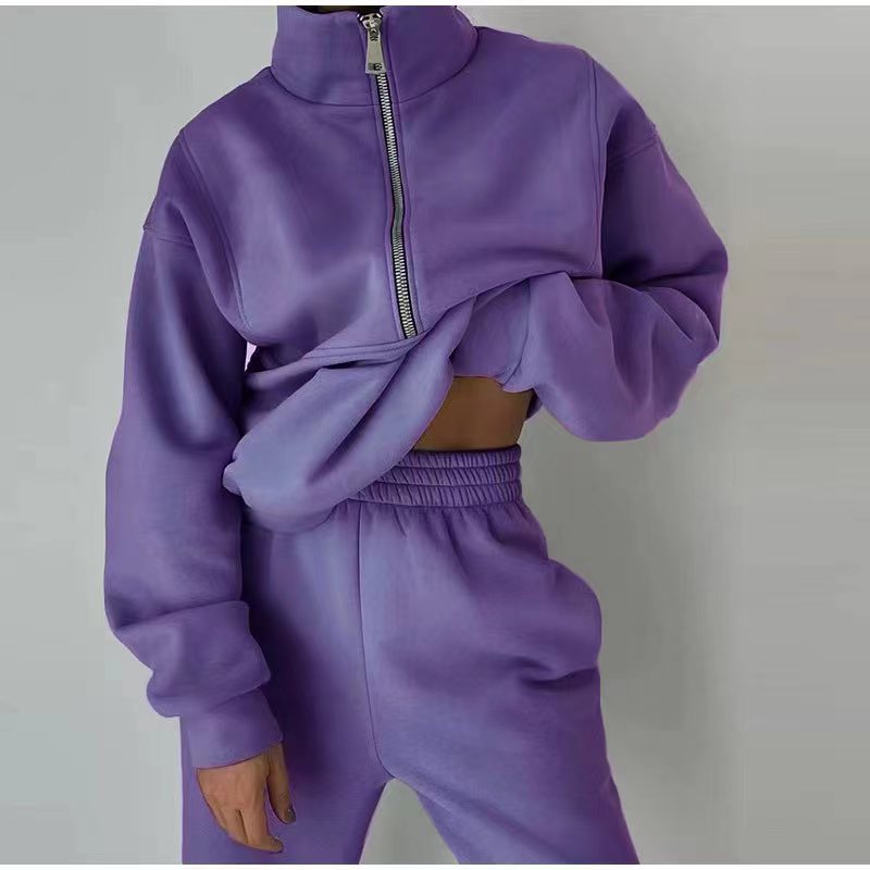 Stand Collar Suit Zip Up Crop Sportswear Long Sleeve Sweatshirt And Trousers For Spring Fall Women's Clothing