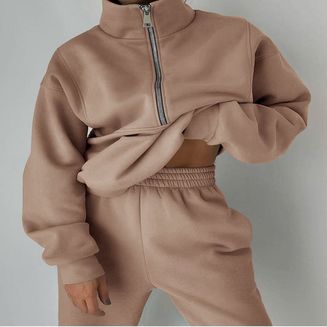 Stand Collar Suit Zip Up Crop Sportswear Long Sleeve Sweatshirt And Trousers For Spring Fall Women's Clothing