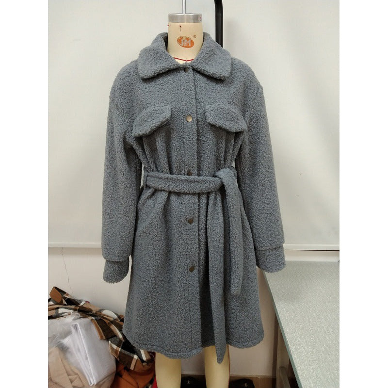 Mid-length Lapel Belted Single-breasted Plush Trench Coat