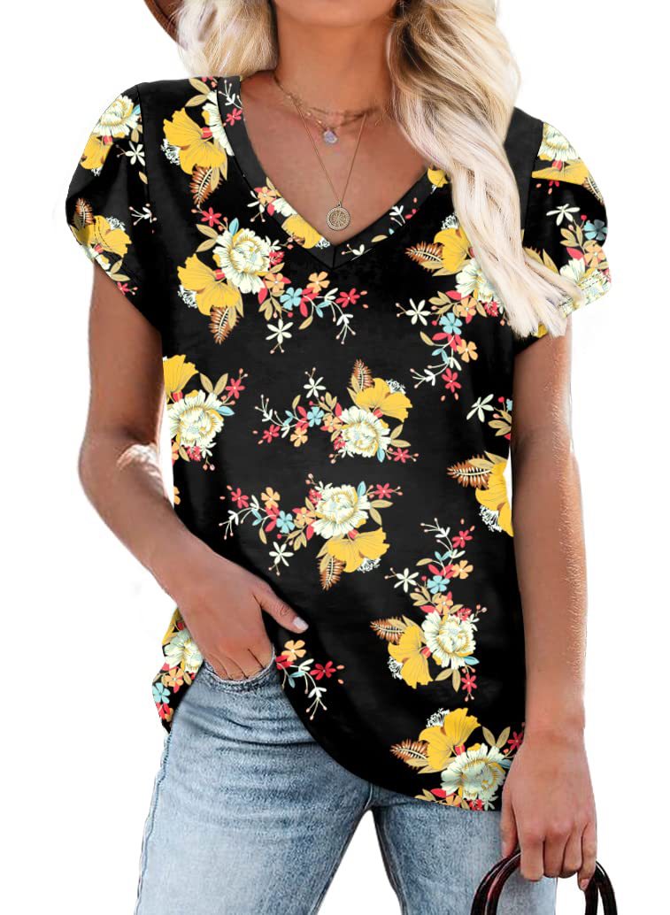 Summer Creative Tie-dye Floral V-neck Loose-fitting Women&#039;s Petal Sleeve Shell Sleeve T-shirt