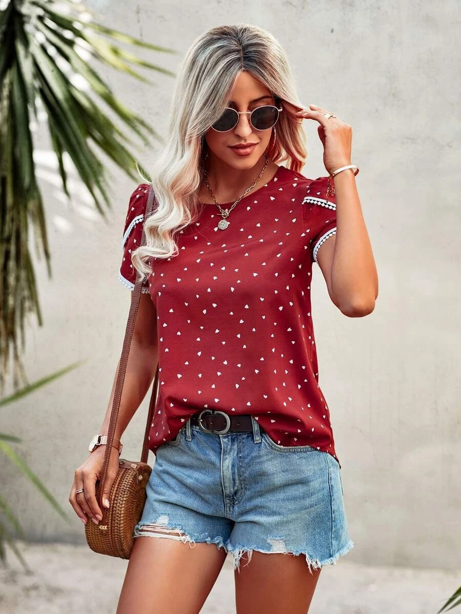 Casual Round Neck Summer Loose Shirt Polka Dot Print Lace Short Sleeve Top Women