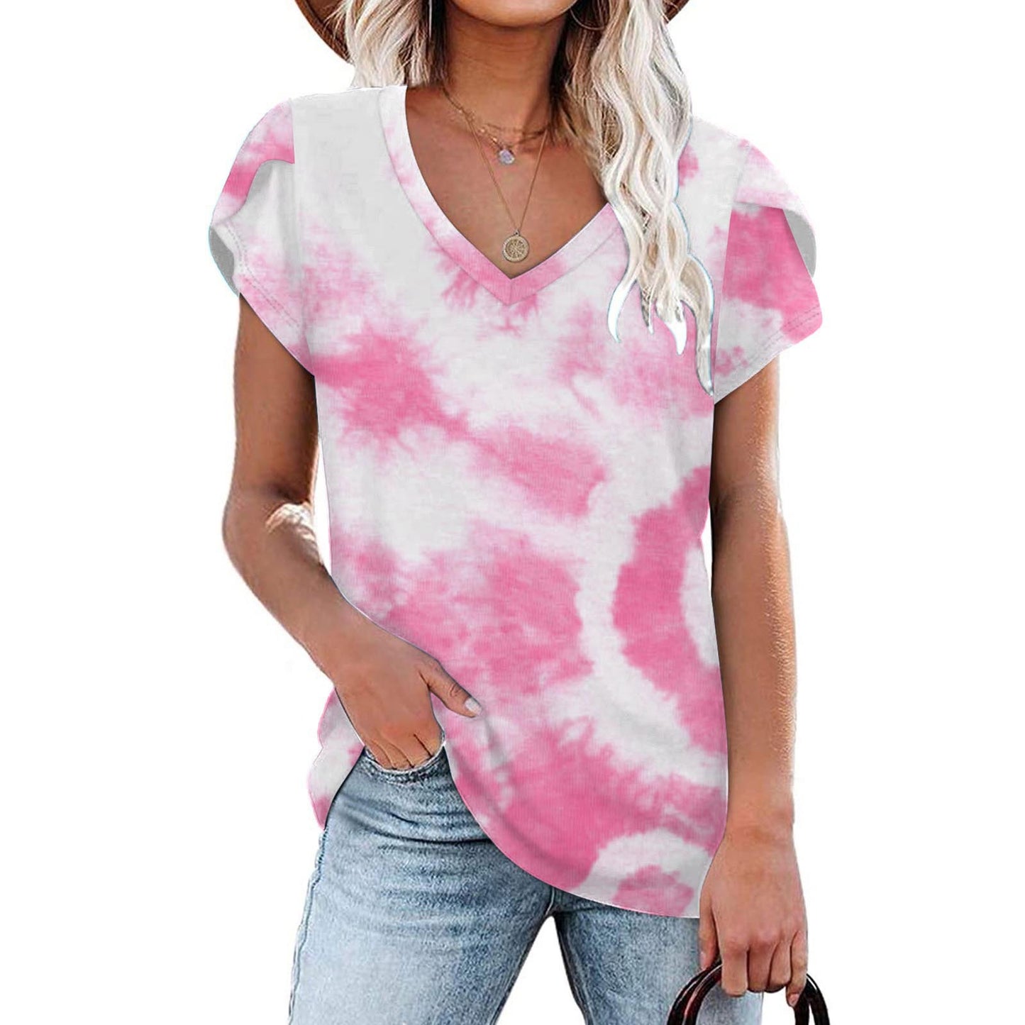 Summer Creative Tie-dye Floral V-neck Loose-fitting Women&#039;s Petal Sleeve Shell Sleeve T-shirt
