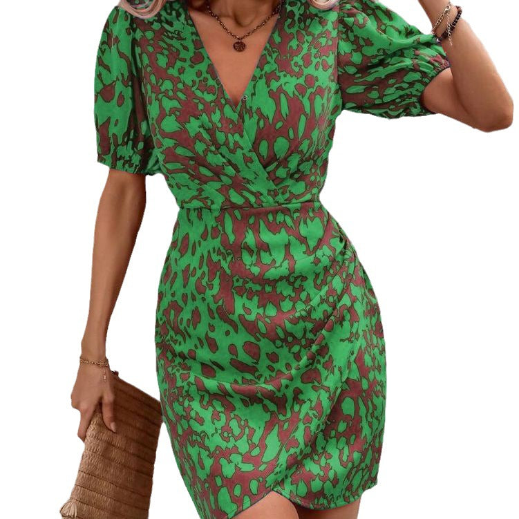 Women's Fashion Half-sleeved And Waisted Casual Printed Dress