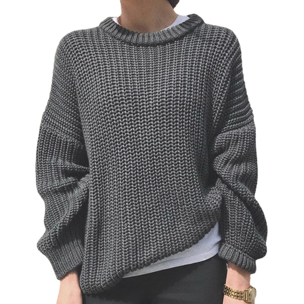 Women's Fashion Casual Simple Thick Needle Long Sleeve Round Neck Loose Knitted Pullover Sweater