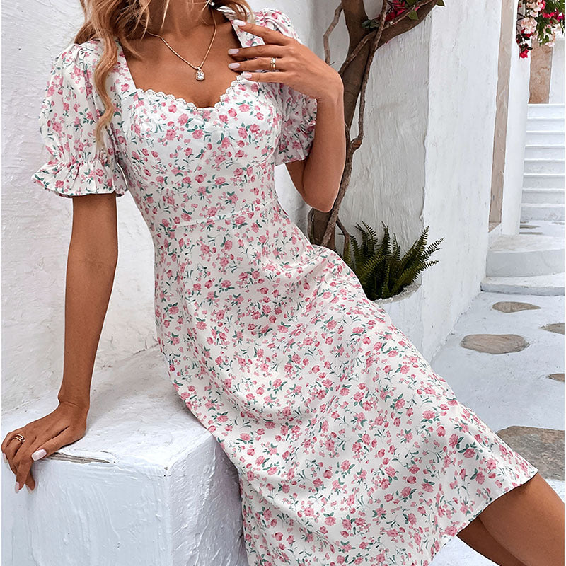 Body-fitting Temperament Floral Dress With Lotus Leaf Sleeves