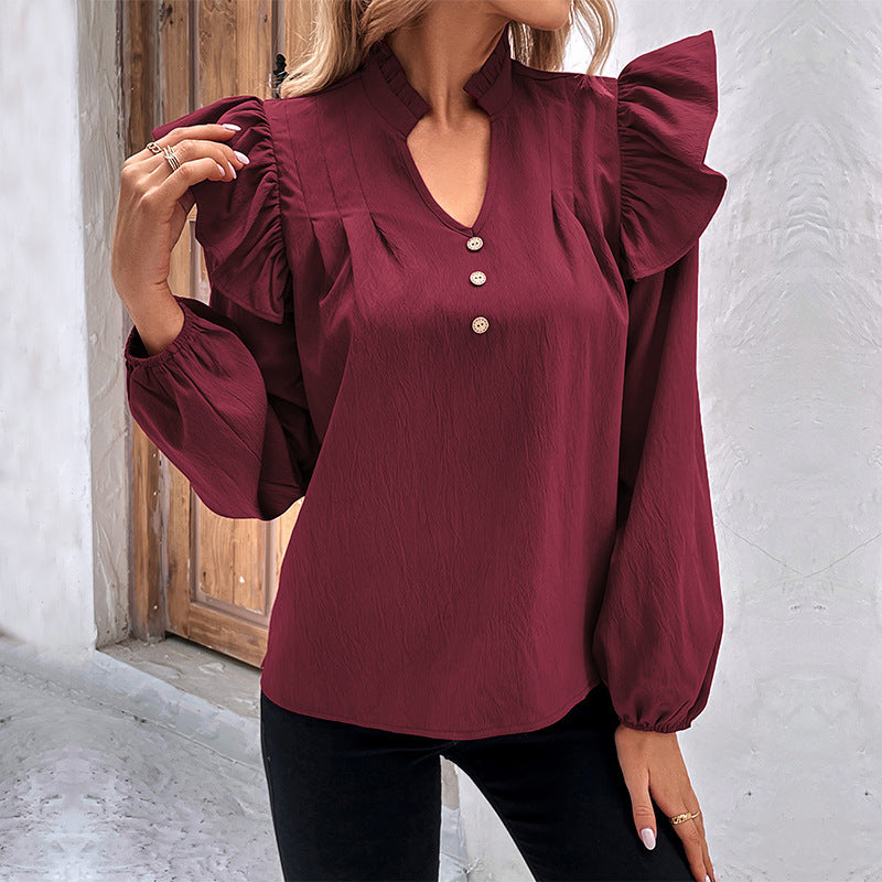 Red Long-sleeved Solid Color Shirt Women