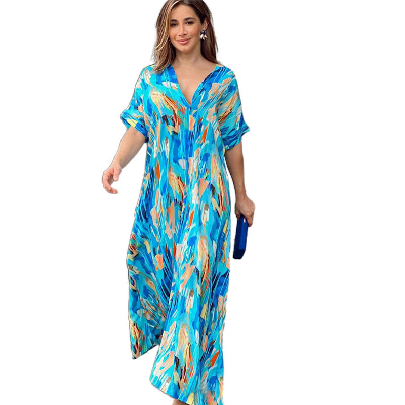 Fashionable Elegant Painted Print Short Sleeve Large Swing Dress