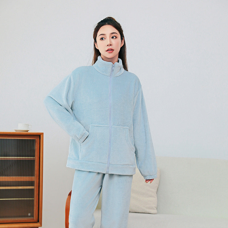 Winter Pajamas Sets Homewear With Pockets Design Thickened Coral Velvet Stand Collar Warm Pajamas Indoor Outdoor Casual Clothes