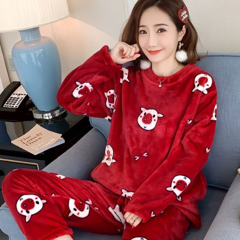 Cartoon Print Pajamas Sets Winter Warm Long Sleeve Sleepwear Home Nightclothes Women