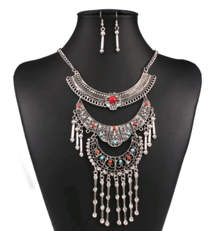 Vintage Turquoise Diamond Female Necklace Earrings Set National Diamonds Fashion Jewelry