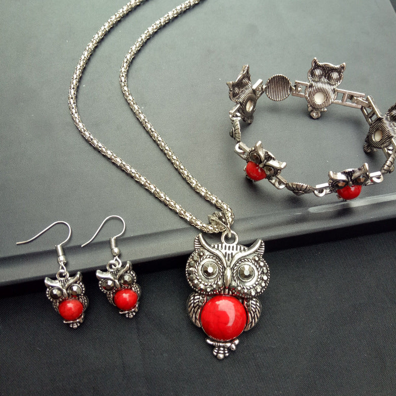 Vintage Turquoise Owl Necklace Earrings Bracelet Three-Piece Jewelry Set