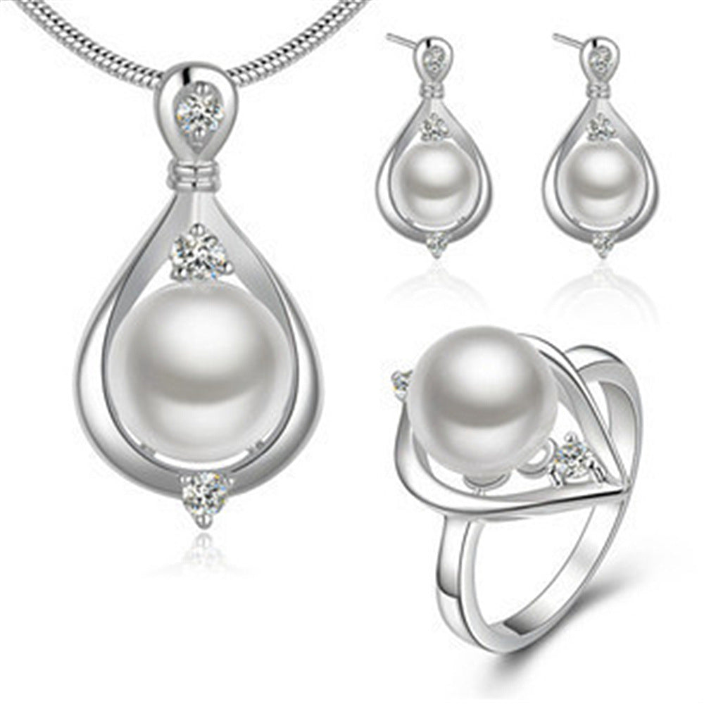 Fashion Lady Water Drop Silver Pearl Jewelry Set