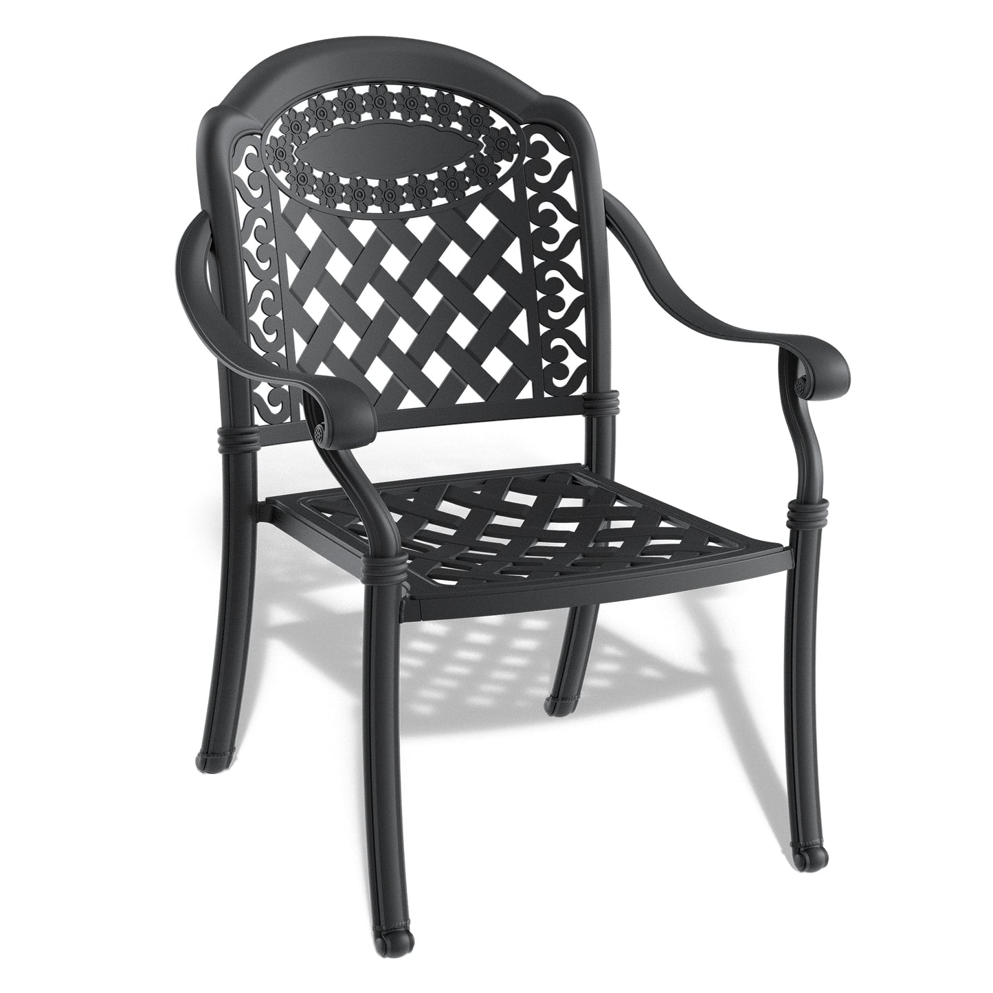 7-Piece Set Of Cast Aluminum Patio Furniture  With Black Frame and  Seat Cushions In Random Colors