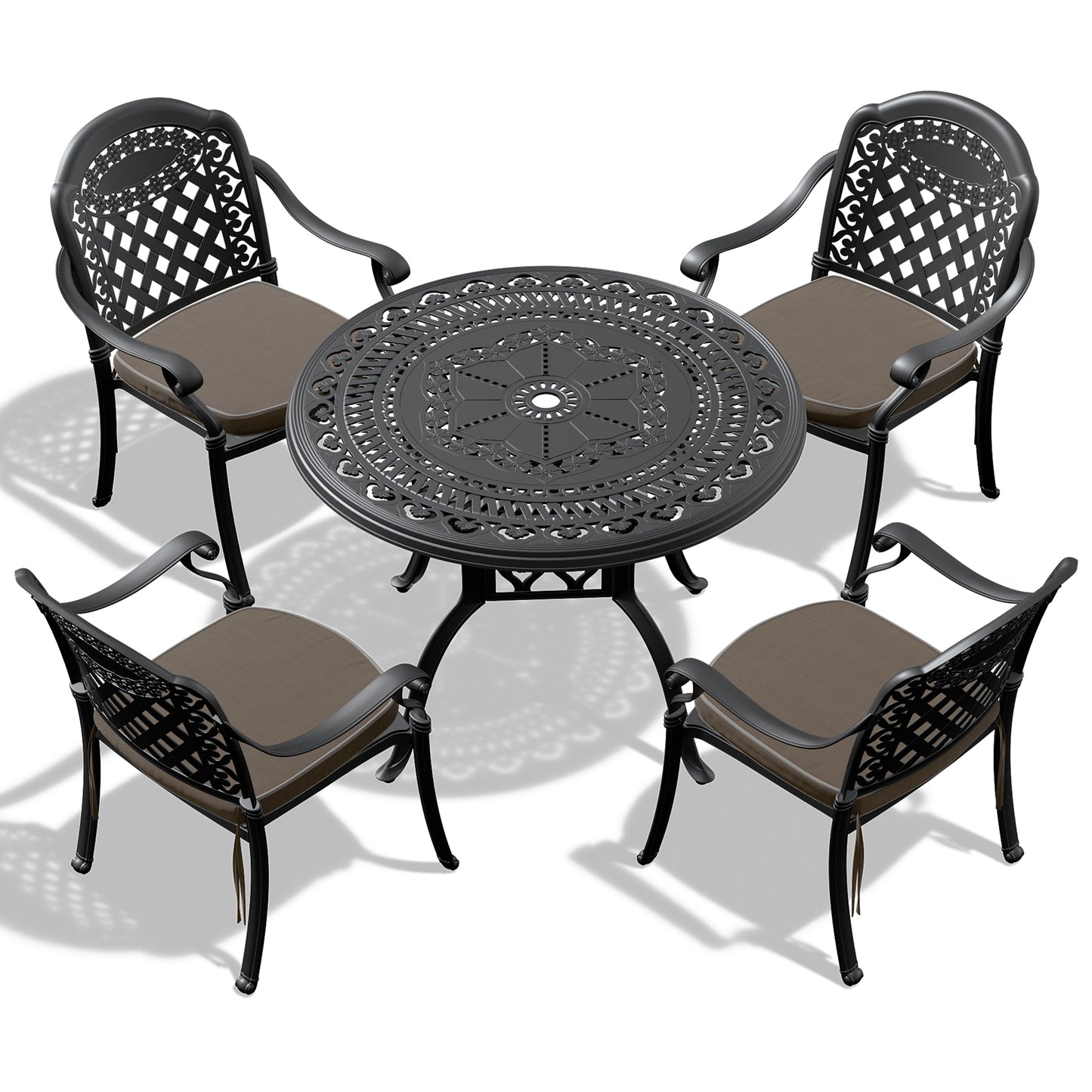 7-Piece Set Of Cast Aluminum Patio Furniture  With Black Frame and  Seat Cushions In Random Colors