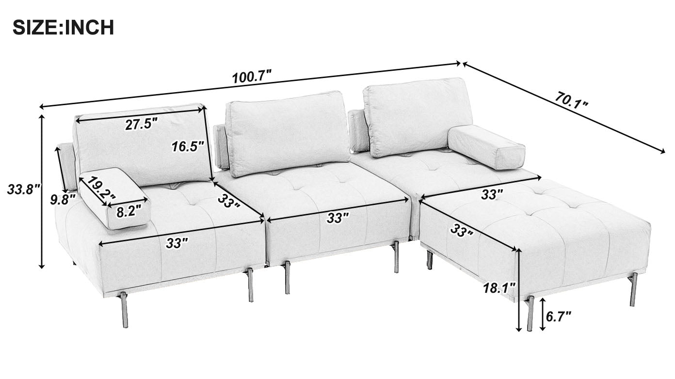 100.7&#039;&#039; L-Shape Sectional Sofa 3-Seater Couches with a Removable Ottoman, Comfortable Fabric for Living Room, Apartment, Grey