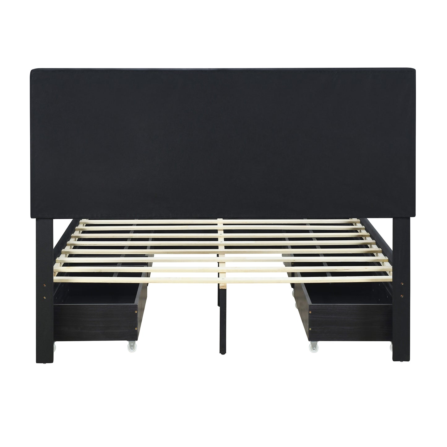 Queen Size Upholstered Platform Bed with Rivet-decorated Headboard, LED bed frame and 4 Drawers, Black