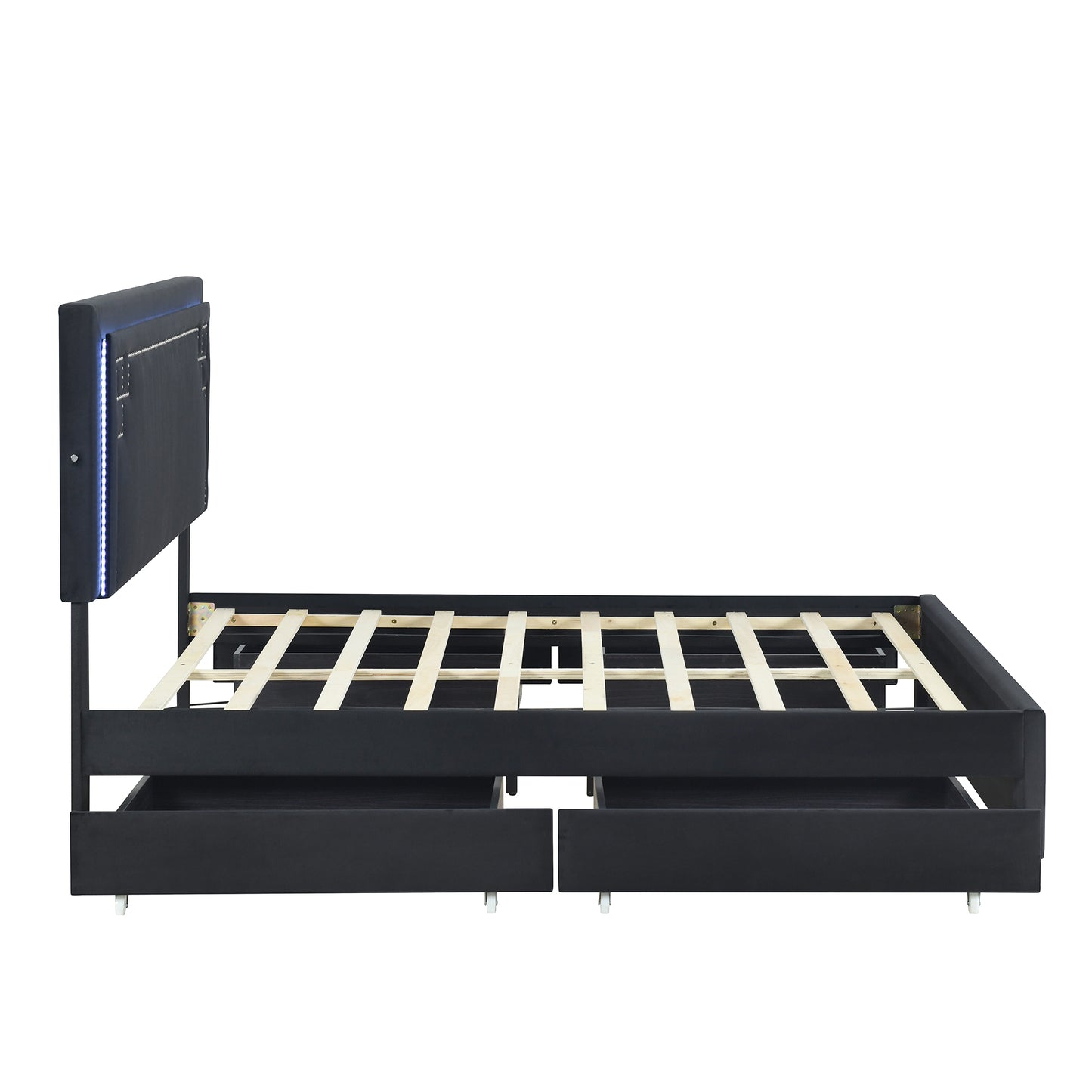 Queen Size Upholstered Platform Bed with Rivet-decorated Headboard, LED bed frame and 4 Drawers, Black