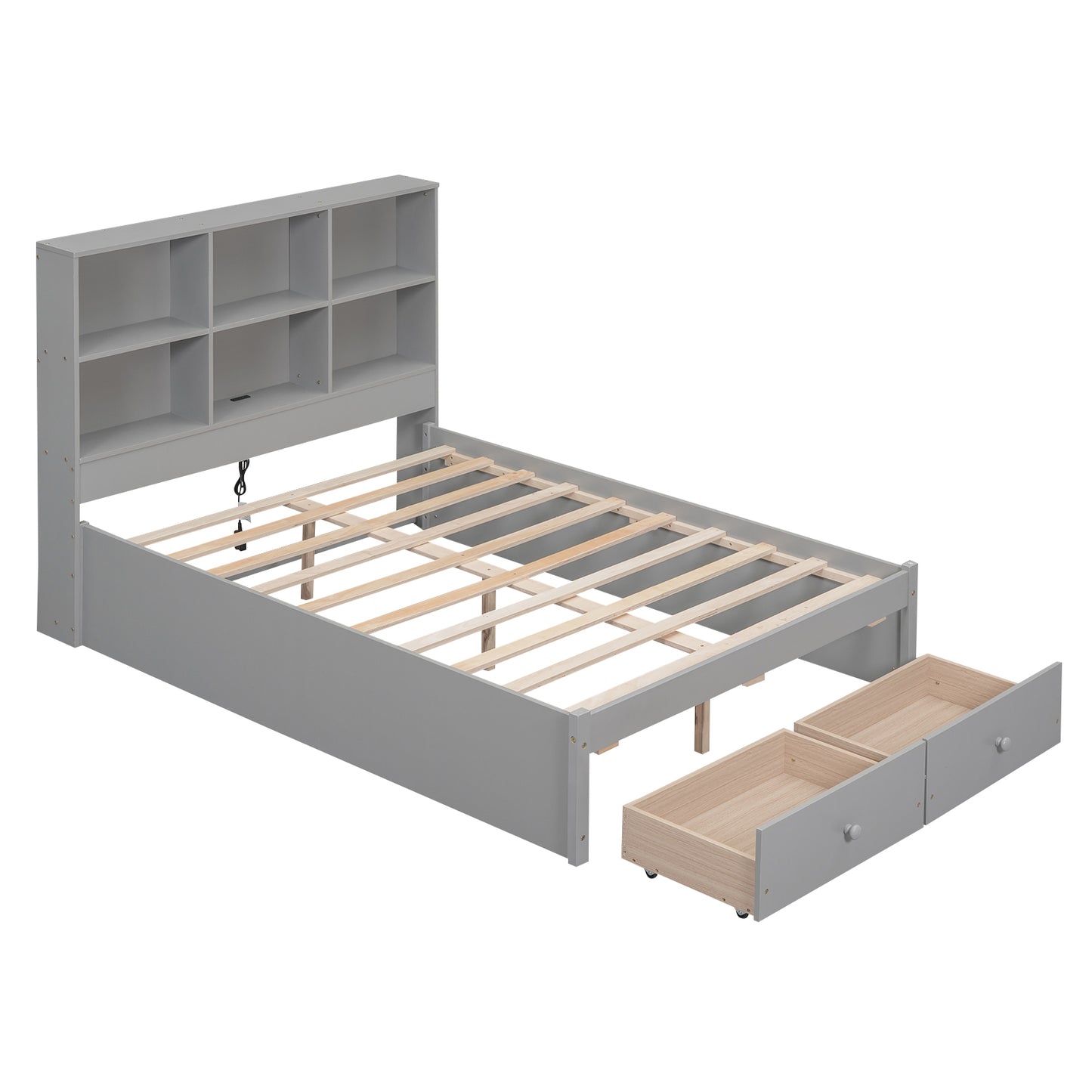 Full Size Platform Bed with Storage Headboard, Charging Station and 2 Drawers, Gray