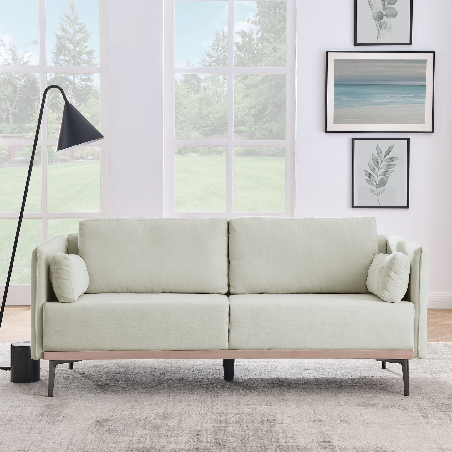 Modern Sofa 3-Seat Couch with Stainless Steel Trim and Metal Legs for Living Room, Linen Beige