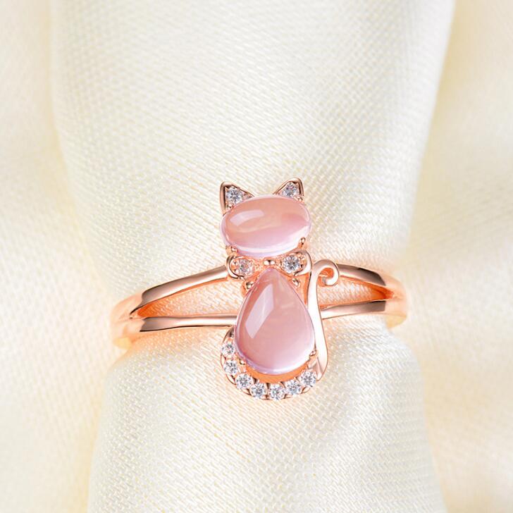 Cat Jewelry Set in Rose Gold Plate & Pink Quartz Crystal Rhinestone