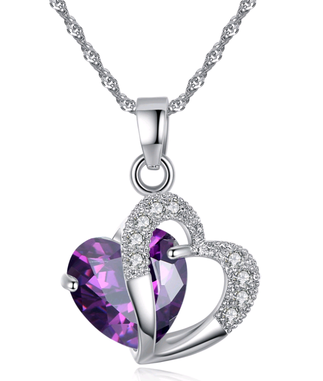 Amethyst Zircon Heart Necklace Earrings Set European And American   Christmas Gifts