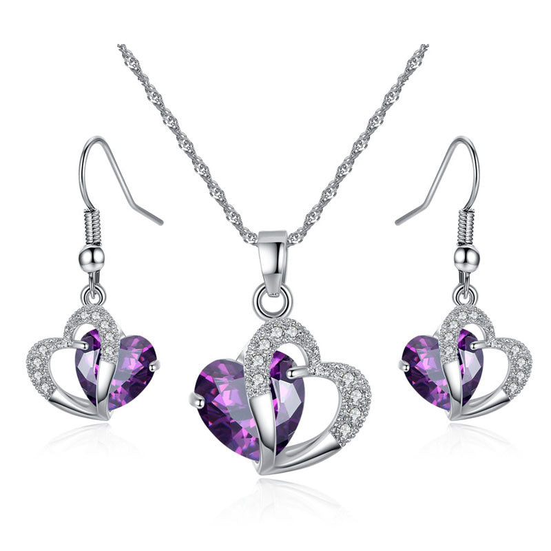 Amethyst Zircon Heart Necklace Earrings Set European And American   Christmas Gifts