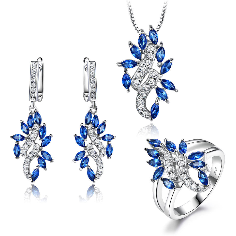 Sapphire Leaf Set With Diamond Pendant Earrings Ring 3 Piece Set