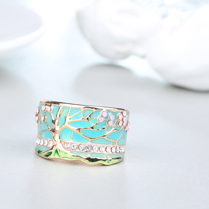Flower Tree Rings Fashion Gold Pink Opal Green Enamel Wide Ring For woman Party Crystal Vintage Jewelry