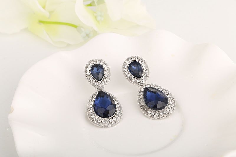 Blue Crystal Drop Pendant Necklace Earring Set
