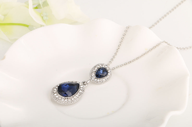 Blue Crystal Drop Pendant Necklace Earring Set