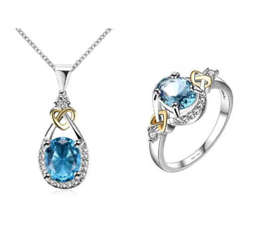 Sterling Silver Blue Jewel Necklace Ring Earrings
