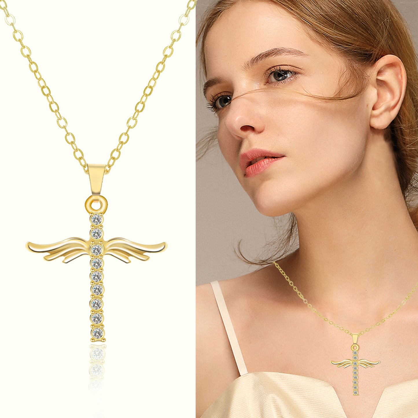 Simple Cross Diamond Angel Wings Pendant