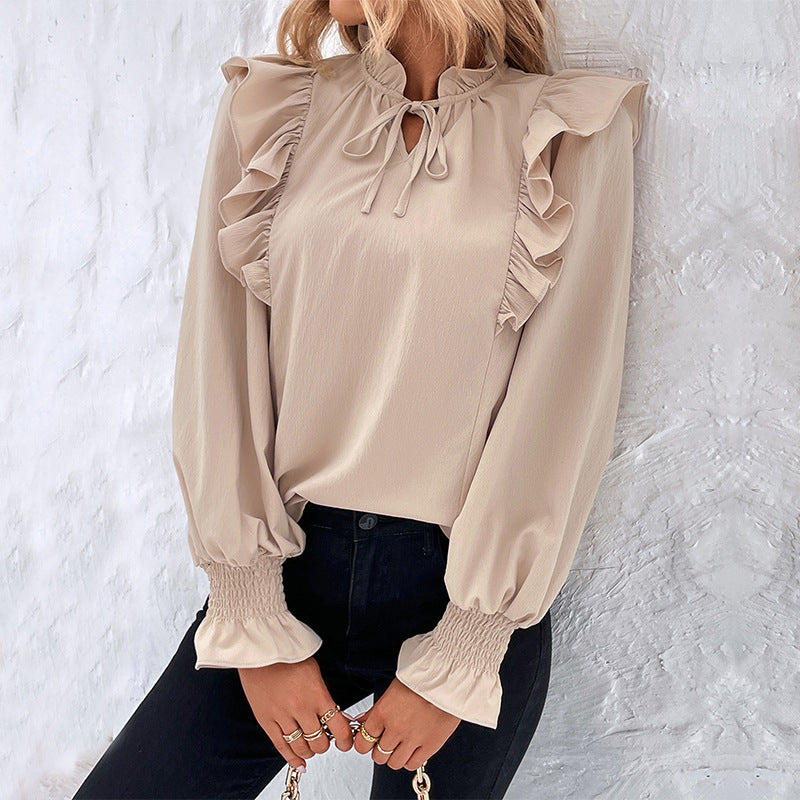 Ruffled Long-sleeved Solid Color Shirt