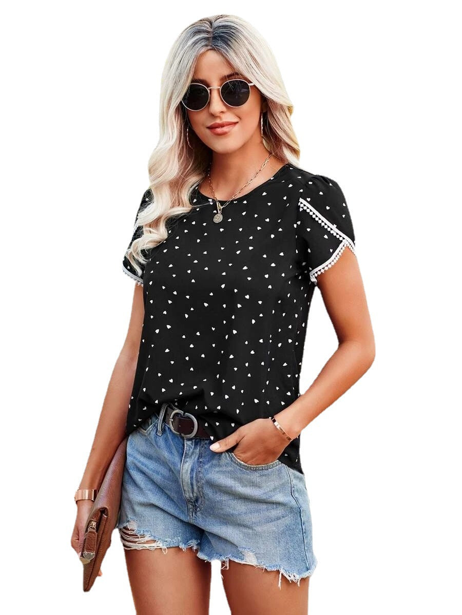 Casual Round Neck Summer Loose Shirt Polka Dot Print Lace Short Sleeve Top Women