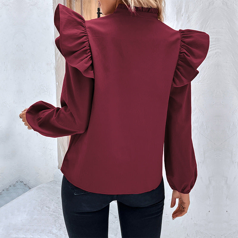 Red Long-sleeved Solid Color Shirt Women