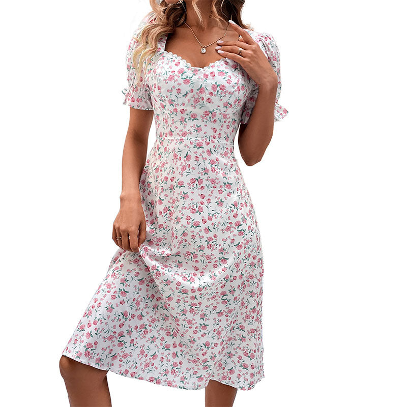 Body-fitting Temperament Floral Dress With Lotus Leaf Sleeves