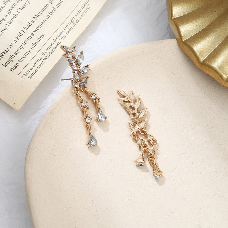 Women's Leaves Tassel Crystal Earrings Zircon Stud Earrings Alloy Ear Jewelry Factory Wholesale Earrings For Women Brincos