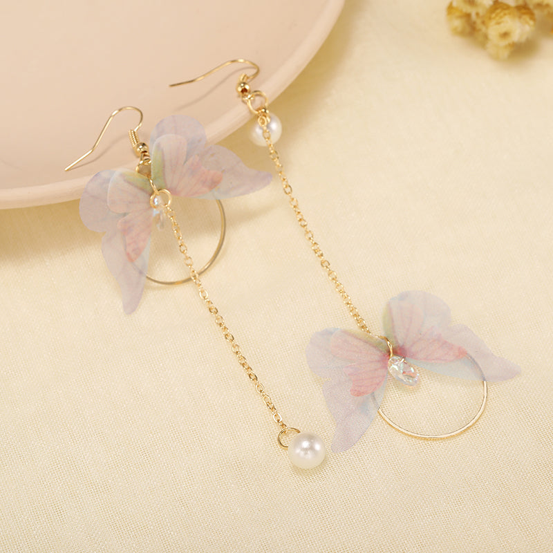 Hot Trendy Fairy Yarn Asymmetric Butterfly Long Earrings For Girl Ear Adornment Alloy Circle Rhinestone Pendient Jewerly