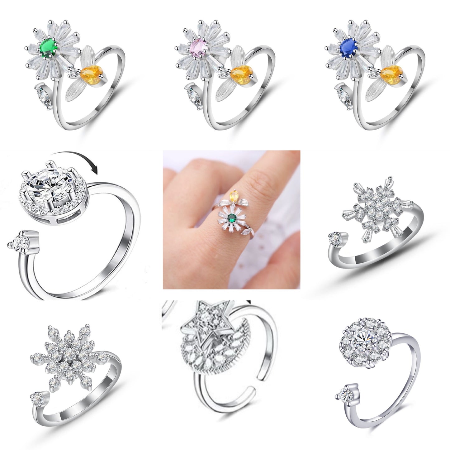 Spinner Ring For Women Flower Bee Elegant Adjustable Stress Release Accessory Female Gothic Jewelry Trendy